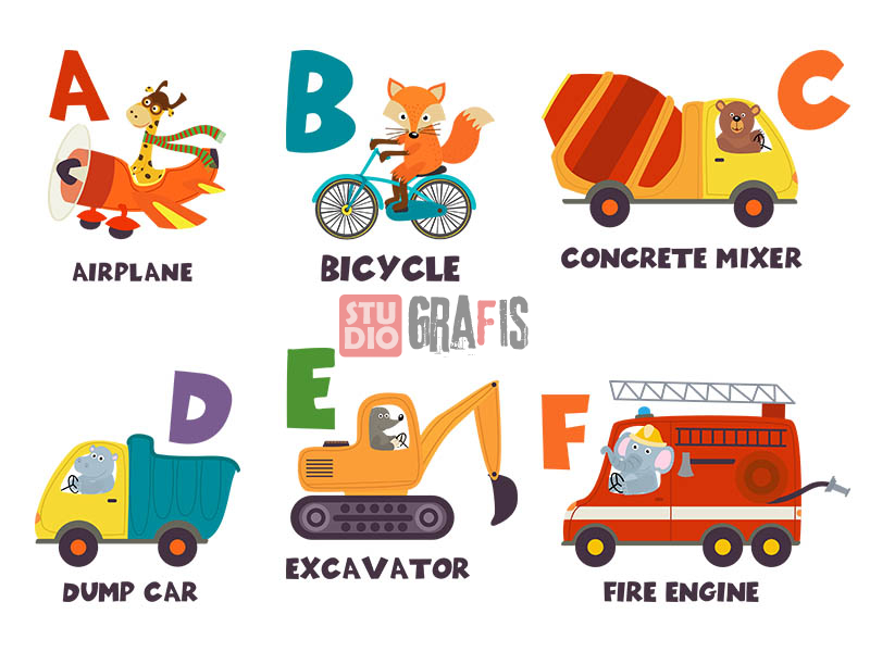26 Gambar Ilustrasi Alfabet A-Z Bertema Transportasi & Hewan